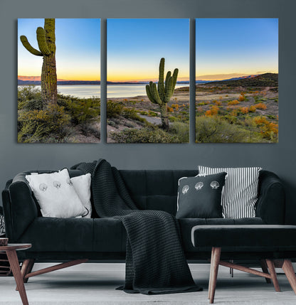 52844711-MGV-CV-60X30-3P-Saguaro Cactus Wall Art Canvas Print, Framed Desert Sunset Art Picture Print, Southwestern Scene Perfect Southwestern Rustic Decor