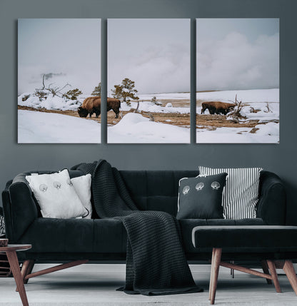 60308289-MGV-CV-60X30-3P-Bison Wildlife Wall Art Canvas Print, Framed Snowy Prairie Art Picture Print, Western Landscape Perfect Rustic Winter Decor
