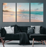94538225-MGV-CV-60X30-3P-Beach Sunset Wall Art Canvas Print, Framed Ocean Waves Art Picture Print, Summer Escape Perfect Coastal Serenity Decor Artwork