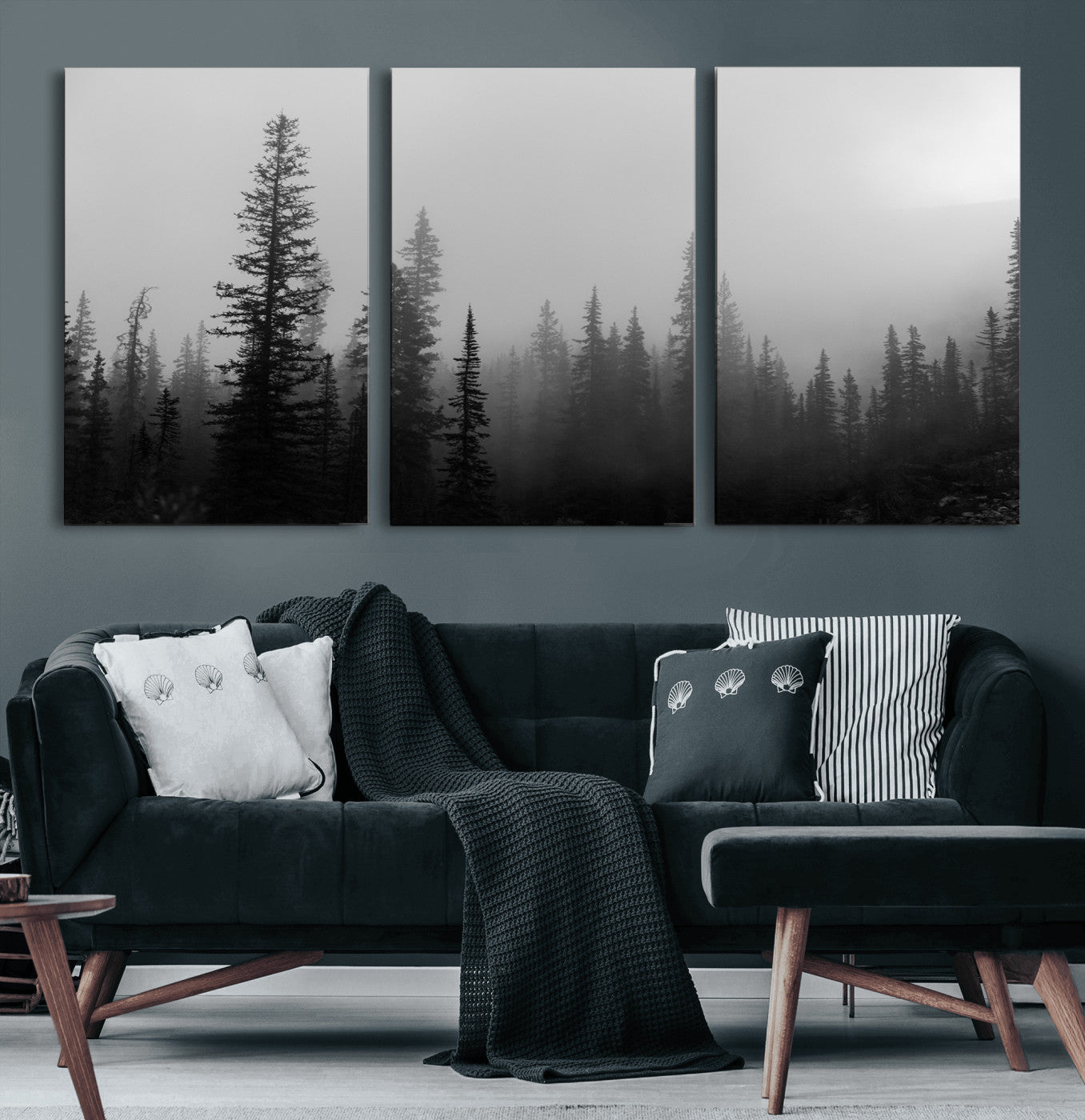 73138900-MGV-CV-60X30-3P-Misty Pines Wall Art Canvas Print, Framed Woodland Photography Art Picture Print, Minimalist Decor Perfect Modern Rustic Decor