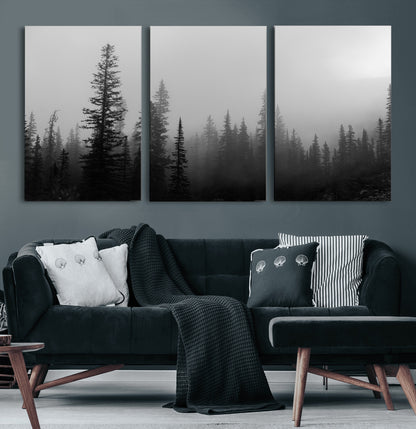 73138900-MGV-CV-60X30-3P-Misty Pines Wall Art Canvas Print, Framed Woodland Photography Art Picture Print, Minimalist Decor Perfect Modern Rustic Decor