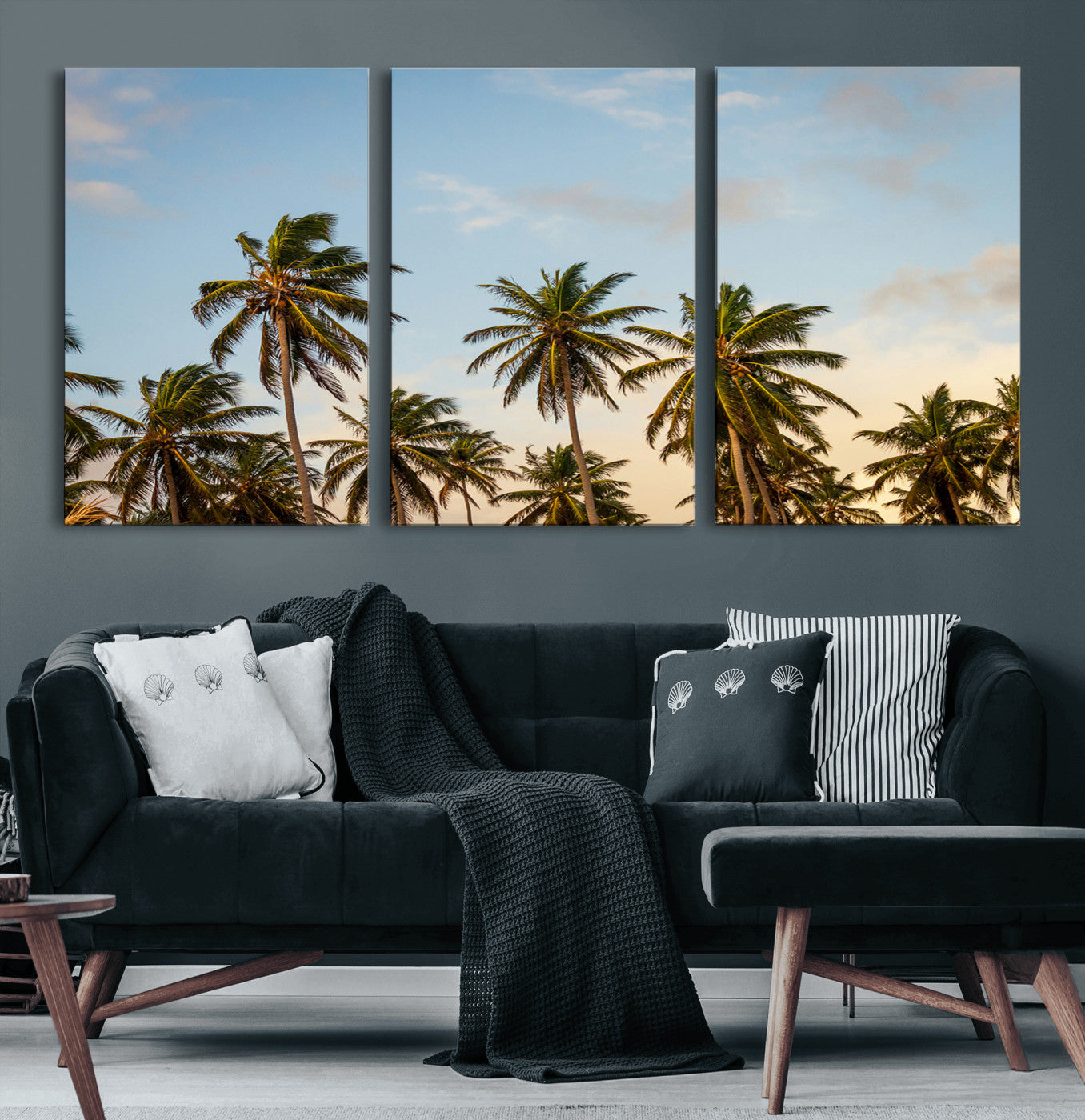 99033771-MGV-CV-60X30-3P-Palm Trees Wall Art Canvas Print, Framed Tropical Vibes Art Picture Print, Coastal Sunset Perfect Coastal Boho Decor Artwork