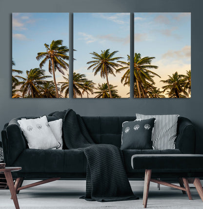 99033771-MGV-CV-60X30-3P-Palm Trees Wall Art Canvas Print, Framed Tropical Vibes Art Picture Print, Coastal Sunset Perfect Coastal Boho Decor Artwork