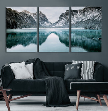 73098373-MGV-CV-60X30-3P-Mountain Lake Wall Art Canvas Print, Framed Winter Wonderland Art Picture Print, Snowy Peaks Perfect Modern Nature Decor Artwork