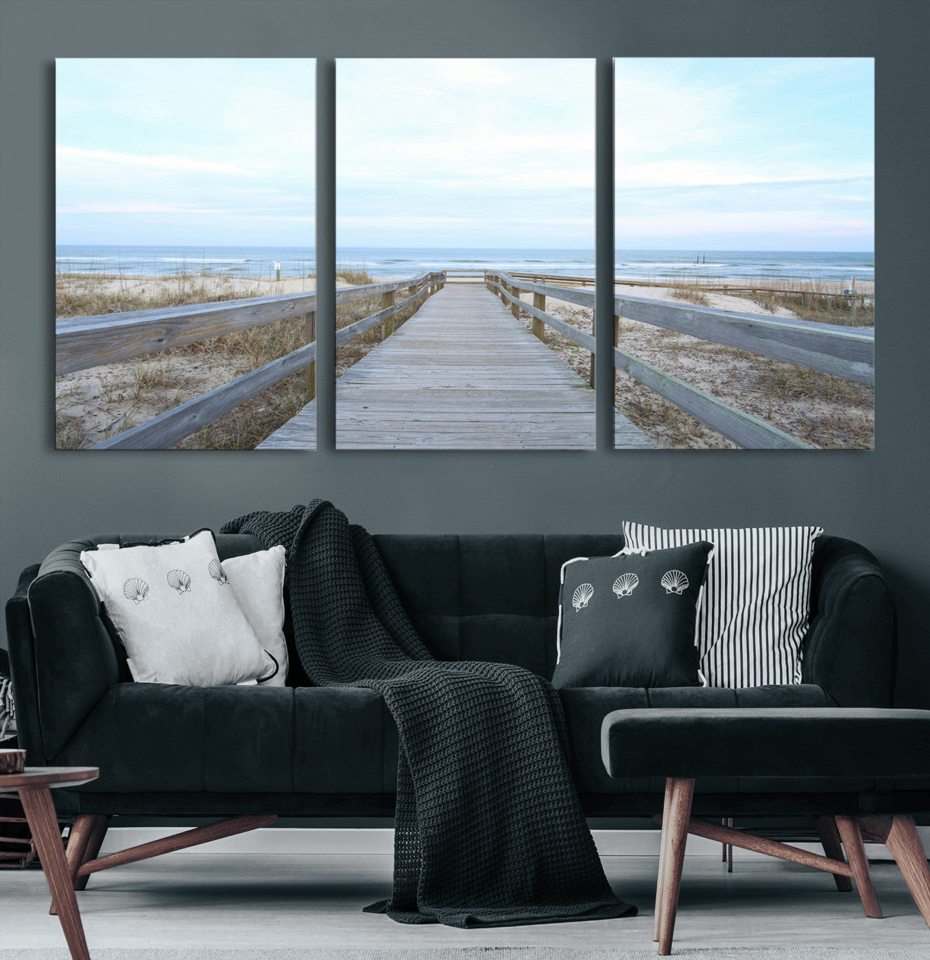 31602988-MGV-CV-60X30-3P-Beach Boardwalk Wall Art Canvas Print, Framed Coastal Serenity Art Picture Print, Ocean View Perfect Coastal Minimalist Decor