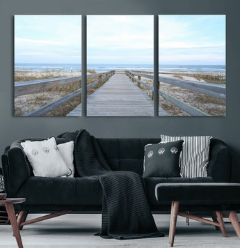 31602988-MGV-CV-60X30-3P-Beach Boardwalk Wall Art Canvas Print, Framed Coastal Serenity Art Picture Print, Ocean View Perfect Coastal Minimalist Decor