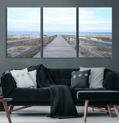 31602988-MGV-CV-60X30-3P-Beach Boardwalk Wall Art Canvas Print, Framed Coastal Serenity Art Picture Print, Ocean View Perfect Coastal Minimalist Decor