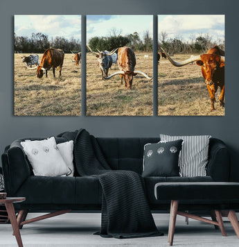39144651-MGV-CV-60X30-3P-Texas Longhorns Wall Art Canvas Print, Framed Rustic Farm Scene Art Picture Print, Western Cattle Perfect Rustic Farmhouse Decor