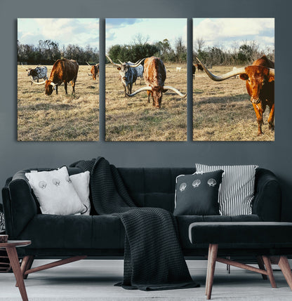 39144651-MGV-CV-60X30-3P-Texas Longhorns Wall Art Canvas Print, Framed Rustic Farm Scene Art Picture Print, Western Cattle Perfect Rustic Farmhouse Decor