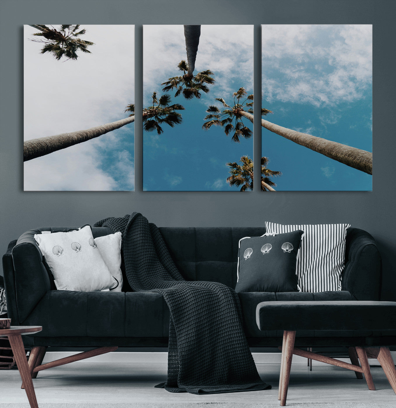 45236398-MGV-CV-60X30-3P-Tropical Palm Trees Wall Art Canvas Print, Framed California Sky Art Picture Print, Minimalist Nature Perfect Coastal Minimalist