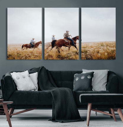 94723307-MGV-CV-60X30-3P-Western Cowboys Wall Art Canvas Print, Framed Rustic Prairie Art Picture Print, Horseback Riding Perfect Rustic Western Decor