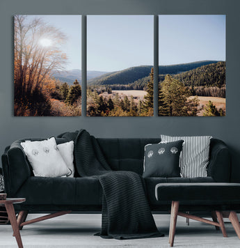 52941305-MGV-CV-60X30-3P-Rustic Landscape Wall Art Canvas Print, Framed Serene Valley Art Picture Print, Pine Tree Horizon Perfect Rustic Cabin Decor