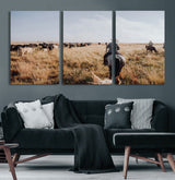 22431577-MGV-CV-60X30-3P-Western Wall Art Wall Art Canvas Print, Framed Cowboy Canvas Art Picture Print, Cattle Drive Scene Perfect Rustic Western Decor