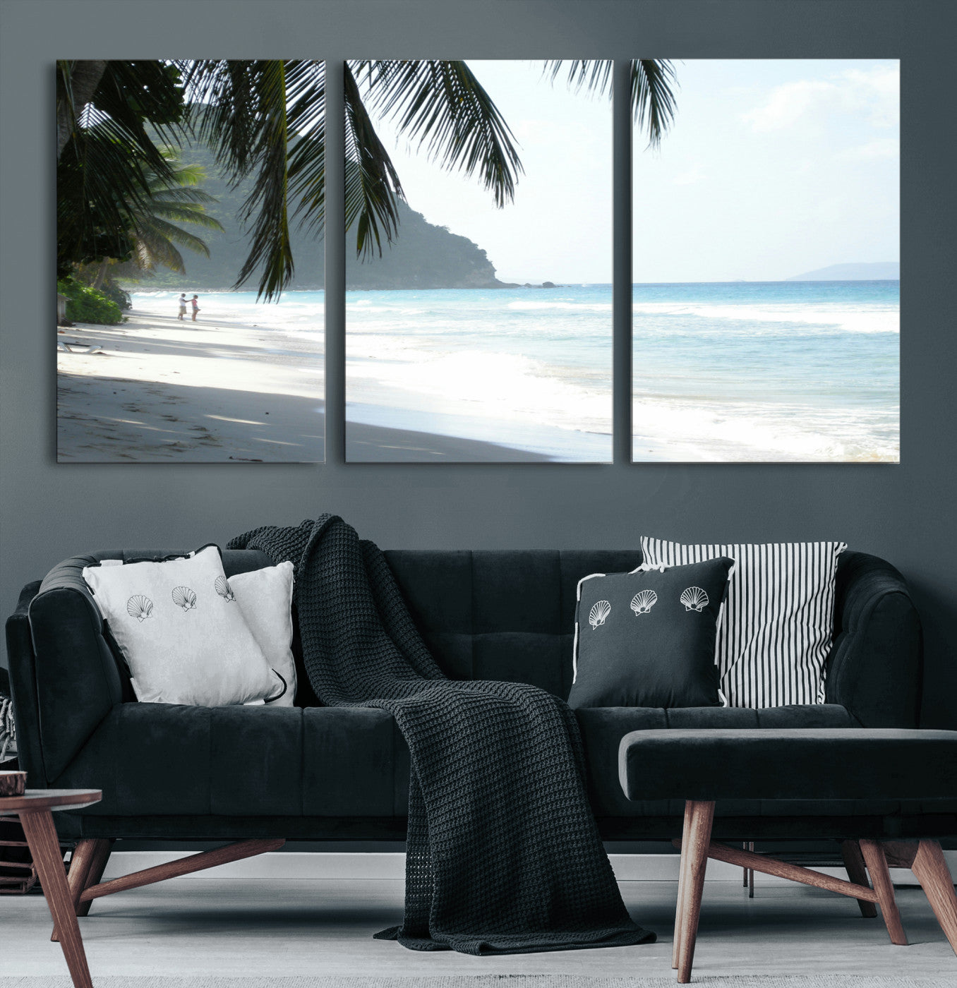 18311030-MGV-CV-60X30-3P-Tropical Beach Wall Art Canvas Print, Framed Serene Ocean Art Picture Print, Palm Tree Shadows Perfect Tropical Coastal Decor
