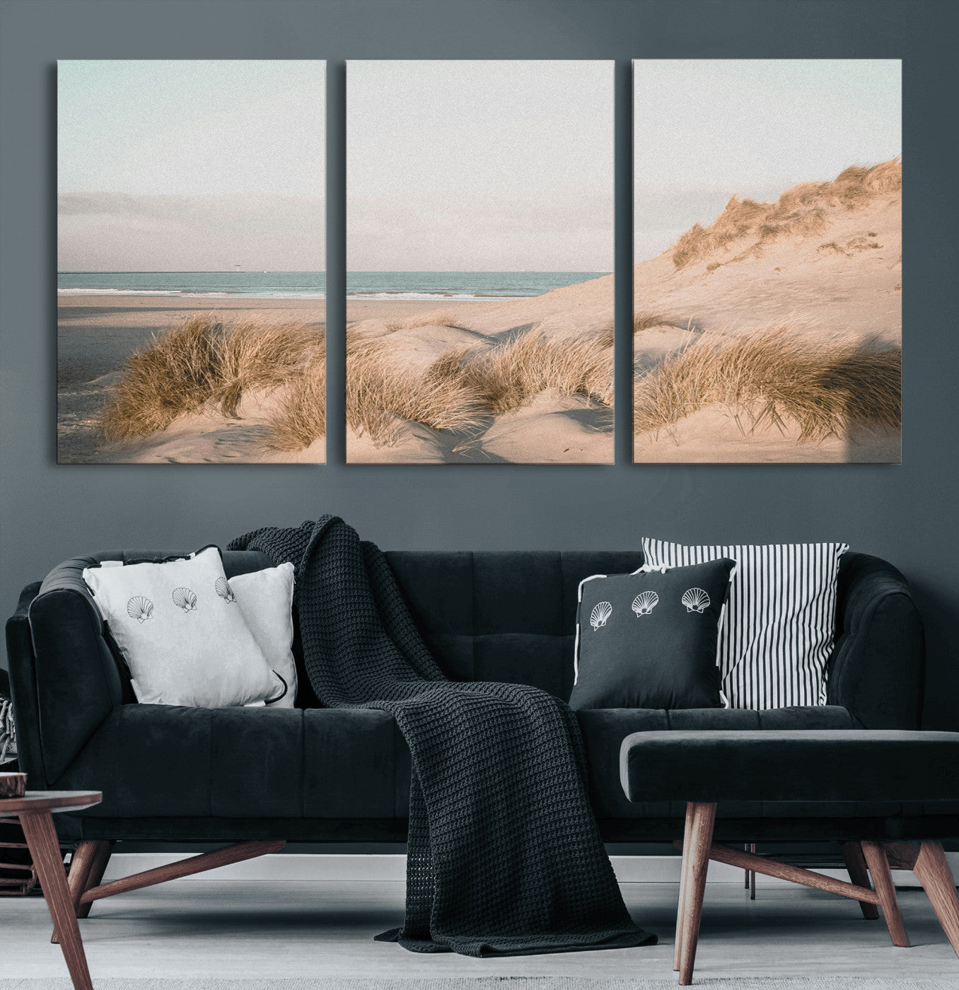 28064037-MGV-CV-60X30-3P-Minimalist Seascape Wall Art Canvas Print, Framed Neutral Beach Print Art Picture Print, Sand Dune Photography Perfect