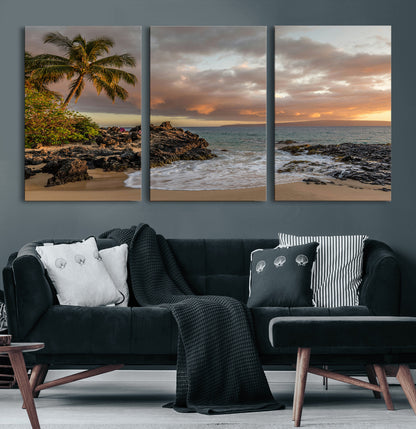 55108220-MGV-CV-60X30-3P-Tropical Beach Wall Art Canvas Print, Framed Hawaiian Sunset Art Picture Print, Ocean Waves Perfect Coastal Tropical Decor Artwork