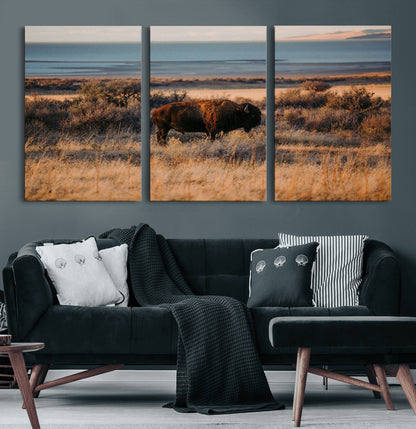 39509187-MGV-CV-60X30-3P-Western Wildlife Wall Art Canvas Print, Framed Bison Art Picture Print, Golden Hour Perfect Western Rustic Decor Artwork