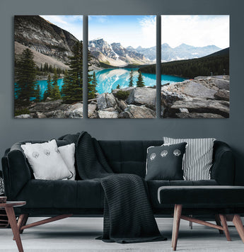 98014896-MGV-CV-60X30-3P-Canadian Rockies Wall Art Canvas Print, Framed Mountain Landscape Art Picture Print, Turquoise Water Perfect Scandinavian
