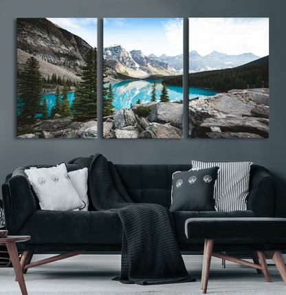98014896-MGV-CV-60X30-3P-Canadian Rockies Wall Art Canvas Print, Framed Mountain Landscape Art Picture Print, Turquoise Water Perfect Scandinavian