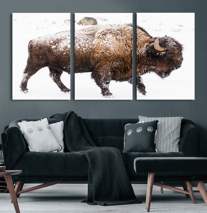 94261165-MGV-CV-36X24-Snowy Buffalo Wall Art Canvas Print, Framed Wildlife Photography Art Picture Print, Brown Tones Perfect Rustic Lodge Decor Decor