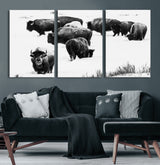 18914414-MGV-CV-60X30-3P-Buffalo Herd Wall Art Canvas Print, Framed Black and White Art Picture Print, Snowy Landscape Perfect Rustic Lodge Decor Decor