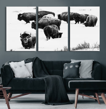 18914414-MGV-CV-60X30-3P-Buffalo Herd Wall Art Canvas Print, Framed Black and White Art Picture Print, Snowy Landscape Perfect Rustic Lodge Decor Decor