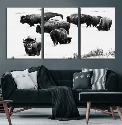 18914414-MGV-CV-60X30-3P-Buffalo Herd Wall Art Canvas Print, Framed Black and White Art Picture Print, Snowy Landscape Perfect Rustic Lodge Decor Decor