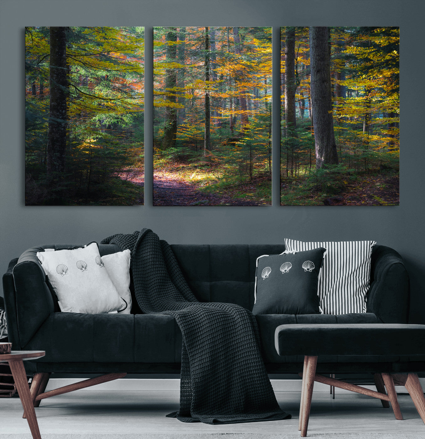 65810864-MGV-CV-60X30-3P-Autumn Forest Wall Art Canvas Print, Framed Fall Woodland Art Picture Print, Golden Leaves Perfect Rustic Farmhouse Decor Artwork