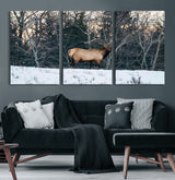 36533178-MGV-CV-60X30-3P-Wild Elk Photography Wall Art Canvas Print, Framed Winter Wildlife Art Picture Print, Snowy Forest Perfect Rustic Lodge Decor