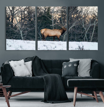 36533178-MGV-CV-60X30-3P-Wild Elk Photography Wall Art Canvas Print, Framed Winter Wildlife Art Picture Print, Snowy Forest Perfect Rustic Lodge Decor
