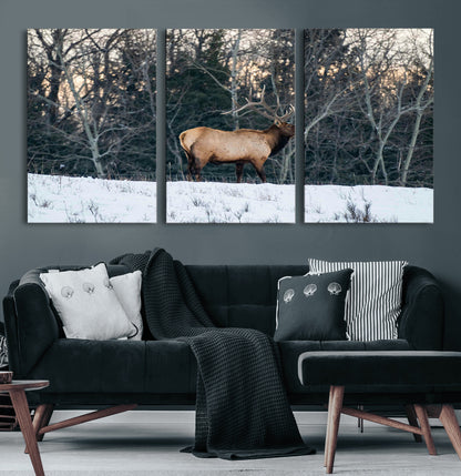 36533178-MGV-CV-60X30-3P-Wild Elk Photography Wall Art Canvas Print, Framed Winter Wildlife Art Picture Print, Snowy Forest Perfect Rustic Lodge Decor