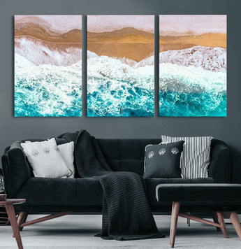 26870666-MGV-CV-60X30-3P-Aerial Beach Wall Art Canvas Print, Framed Ocean Waves Art Picture Print, Coastal Landscape Perfect Coastal Minimalist Decor