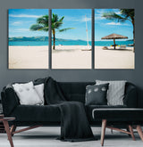 42623350-MGV-CV-60X30-3P-Tropical Beach Wall Art Canvas Print, Framed Palm Tree Art Picture Print, Ocean View Perfect Tropical Coastal Decor Artwork