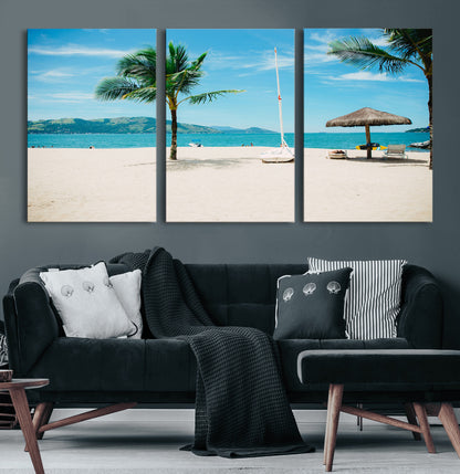 42623350-MGV-CV-60X30-3P-Tropical Beach Wall Art Canvas Print, Framed Palm Tree Art Picture Print, Ocean View Perfect Tropical Coastal Decor Artwork