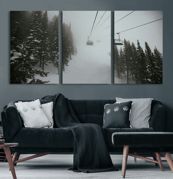 87018452-MGV-CV-60X30-3P-Ski Lift Wall Art Canvas Print, Framed Snowy Pines Art Picture Print, Misty Landscape Perfect Winter Serenity Decor Artwork