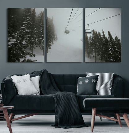 87018452-MGV-CV-60X30-3P-Ski Lift Wall Art Canvas Print, Framed Snowy Pines Art Picture Print, Misty Landscape Perfect Winter Serenity Decor Artwork