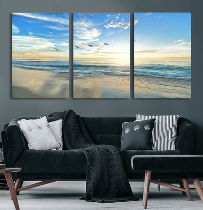 20708696-MGV-CV-60X30-3P-Minimalist Seaside Wall Art Canvas Print, Framed Morning Glow Art Picture Print, Golden Reflections Perfect Coastal Minimalist