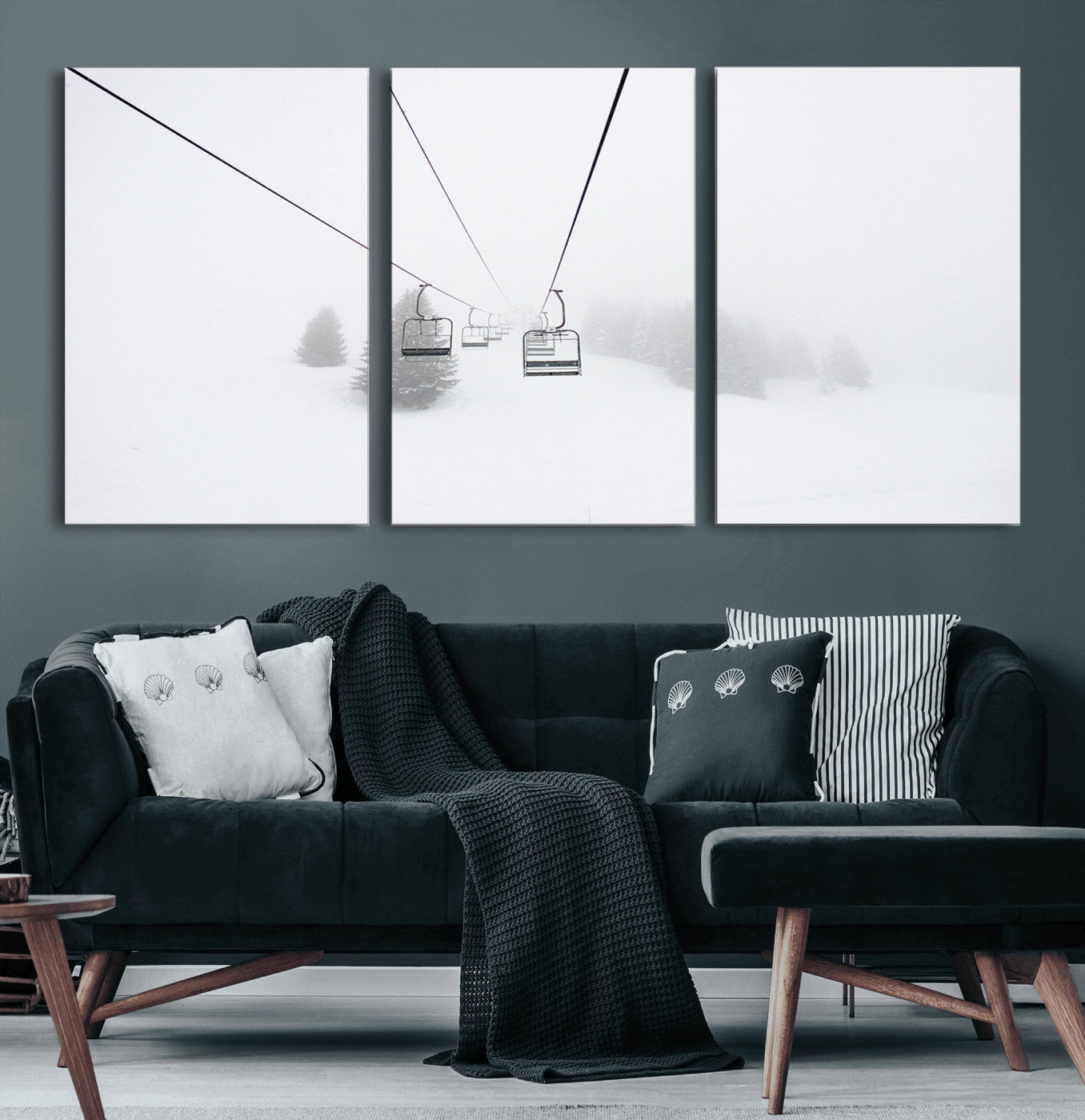 20216390-MGV-CV-60X30-3P-Ski Lift Wall Art Canvas Print, Framed Snowy Landscape Art Picture Print, Alpine Adventure Perfect Nordic Minimalist Decor Artwork