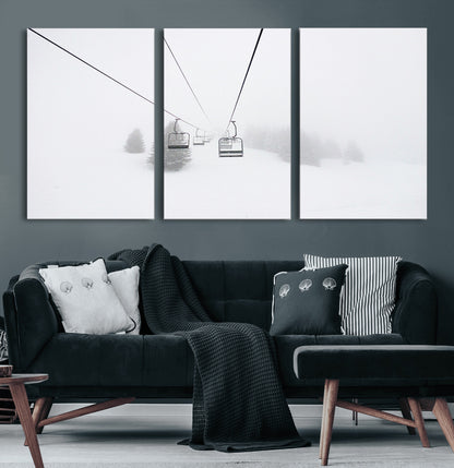 20216390-MGV-CV-60X30-3P-Ski Lift Wall Art Canvas Print, Framed Snowy Landscape Art Picture Print, Alpine Adventure Perfect Nordic Minimalist Decor Artwork