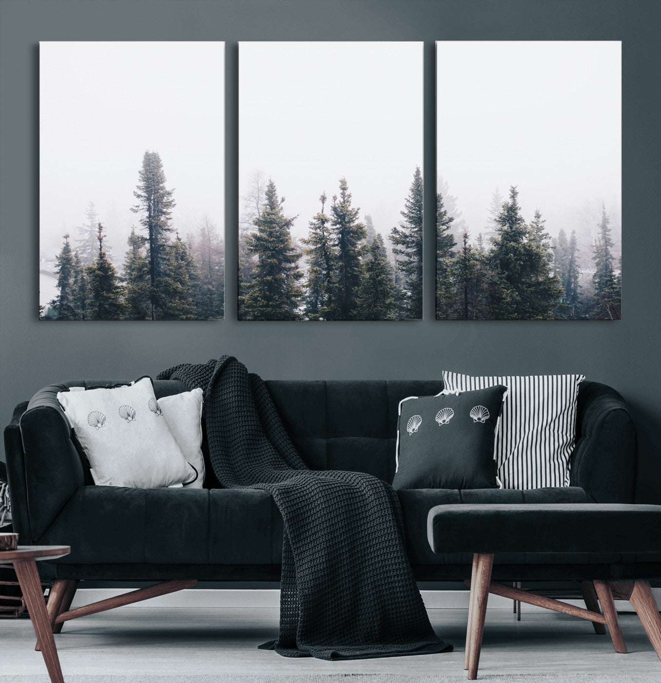 42364796-MGV-CV-60X30-3P-Foggy Forest Wall Art Canvas Print, Framed Misty Pines Art Picture Print, Moody Woodland Perfect Scandinavian Minimalist Decor