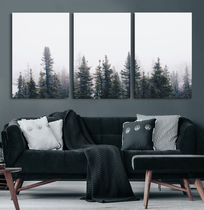 42364796-MGV-CV-60X30-3P-Foggy Forest Wall Art Canvas Print, Framed Misty Pines Art Picture Print, Moody Woodland Perfect Scandinavian Minimalist Decor
