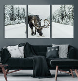 13316292-MGV-CV-60X30-3P-Moose in Snow Wall Art Canvas Print, Framed Winter Wildlife Art Picture Print, Snowy Forest Scene Perfect Rustic Lodge Decor