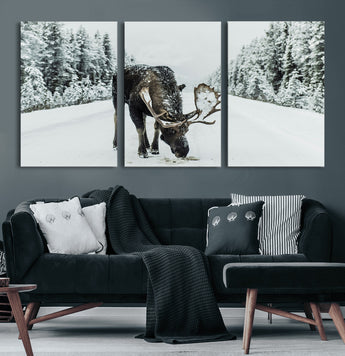 13316292-MGV-CV-60X30-3P-Moose in Snow Wall Art Canvas Print, Framed Winter Wildlife Art Picture Print, Snowy Forest Scene Perfect Rustic Lodge Decor