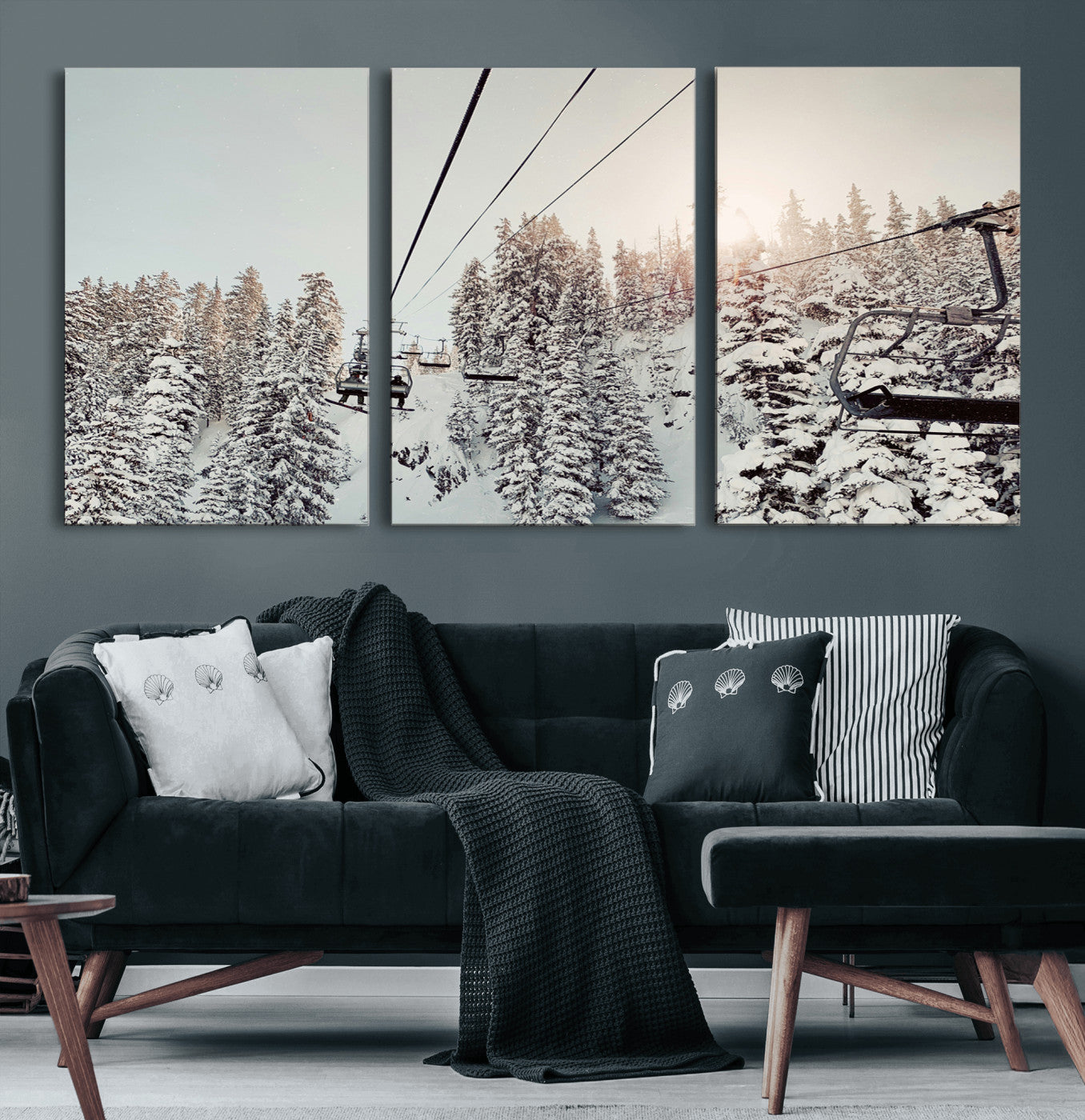 91534512-MGV-CV-60X30-3P-Frosty Pines Wall Art Canvas Print, Framed Cozy Cabin View Art Picture Print, Ski Lift Ride Perfect Rustic Lodge Decor Artwork