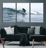 11693607-MGV-CV-60X30-3P-Surfer on Wave Wall Art Canvas Print, Framed Ocean Adventure Art Picture Print, Motion Blur Water Perfect Coastal Adventure Decor