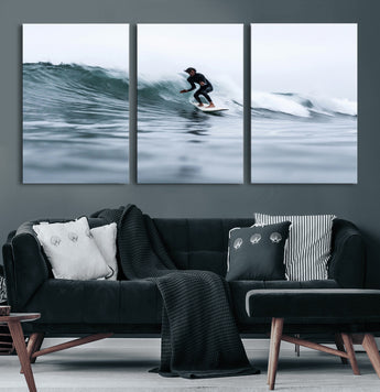 11693607-MGV-CV-60X30-3P-Surfer on Wave Wall Art Canvas Print, Framed Ocean Adventure Art Picture Print, Motion Blur Water Perfect Coastal Adventure Decor