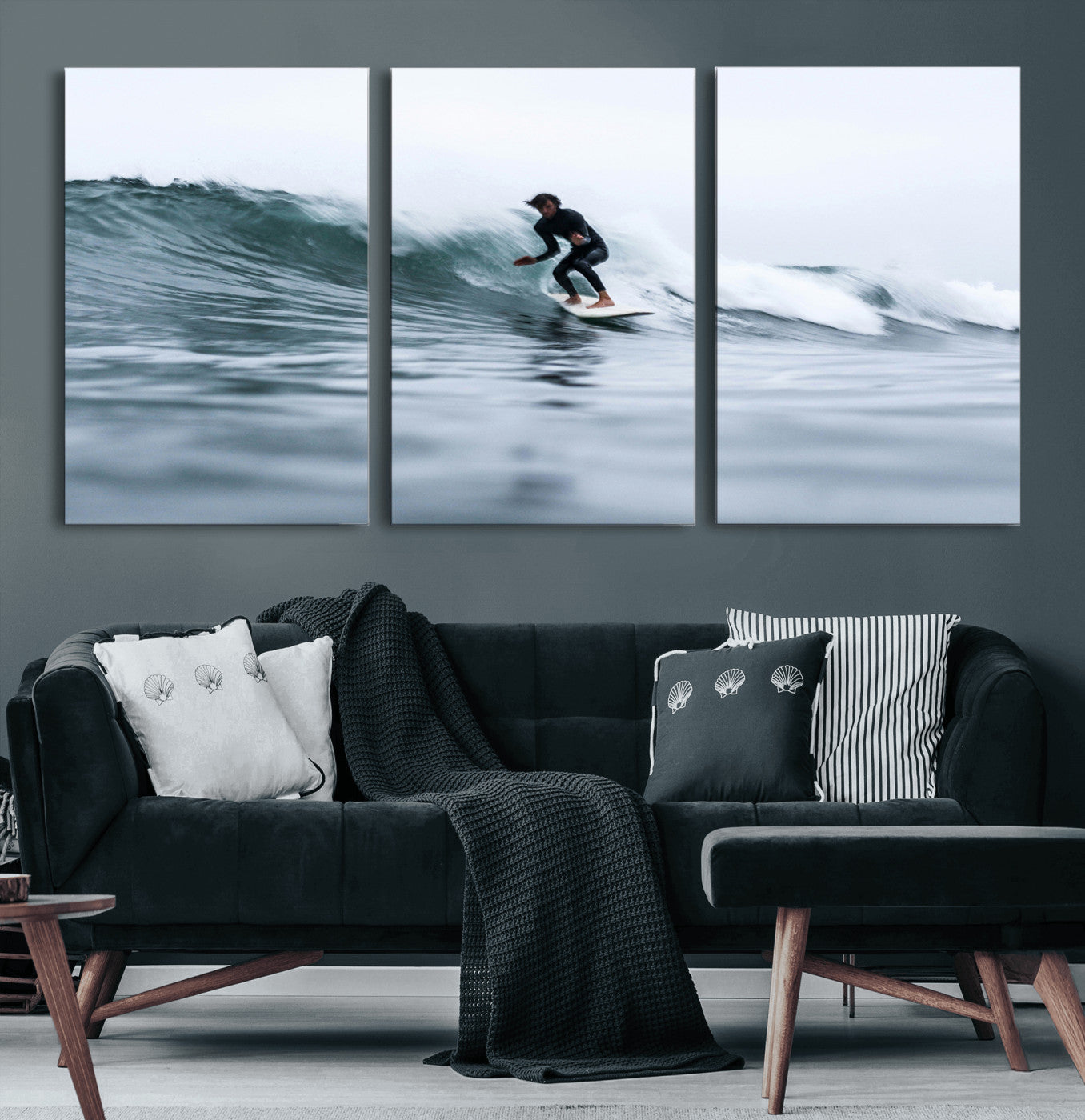 11693607-MGV-CV-60X30-3P-Surfer on Wave Wall Art Canvas Print, Framed Ocean Adventure Art Picture Print, Motion Blur Water Perfect Coastal Adventure Decor
