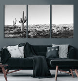 85205054-MGV-CV-60X30-3P-Saguaro Cactus Wall Art Canvas Print, Framed Monochrome Landscape Art Picture Print, Scenic Arizona View Perfect Minimalist