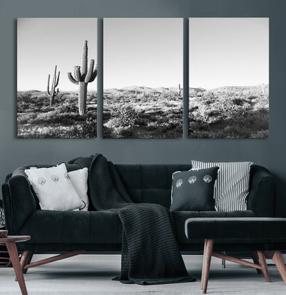 85205054-MGV-CV-60X30-3P-Saguaro Cactus Wall Art Canvas Print, Framed Monochrome Landscape Art Picture Print, Scenic Arizona View Perfect Minimalist