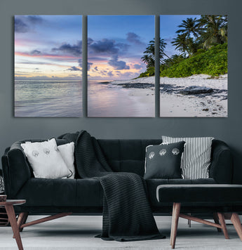 75045485-MGV-CV-60X30-3P-Tropical Beach Wall Art Canvas Print, Framed Sunset Glow Art Picture Print, Palm Tree Coast Perfect Tropical Coastal Decor Artwork